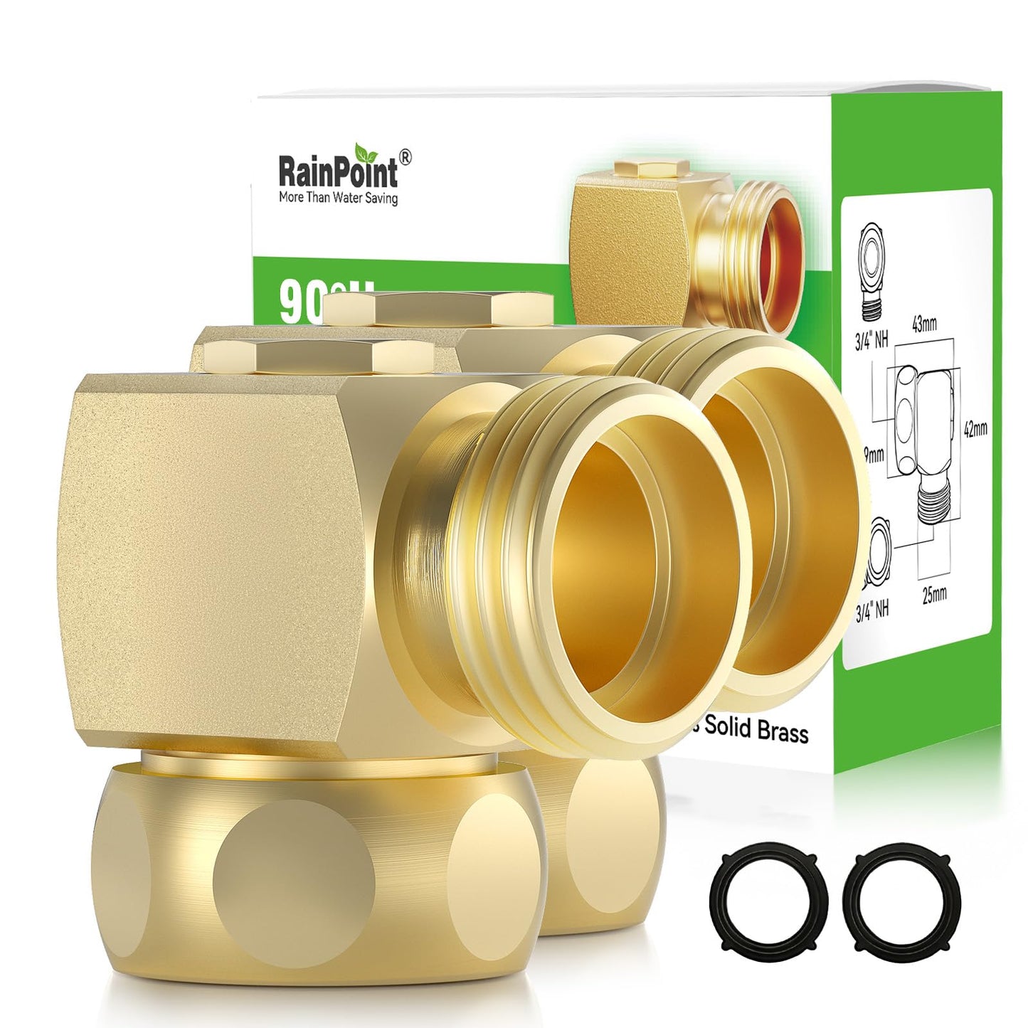 RAINPOINT 90 Degree Hose Elbow-360 Degree Swivel, 3/4" GHT Garden Hose Connector/Adapter, Solid Brass Water Hose Fittings for RV, Outdoor Faucet, Spigot,Easy Installation(2 Pack)