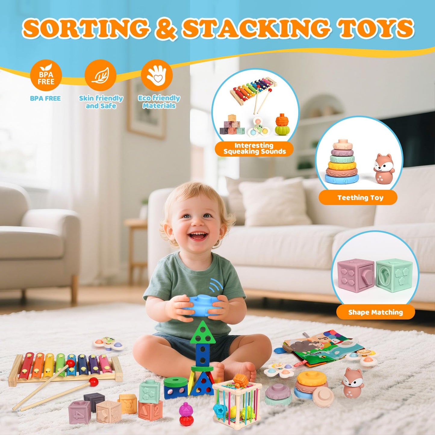 VuvuVoda Montessori Baby Toys for Toddlers 1-3, 7-in-1 Educational Activity Toy Set with Soft Cloth Book, Stacking Blocks & Learning Toys, Birthday Gifts for Boys Girls