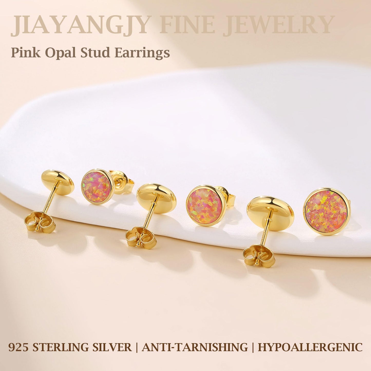 JiayangJY Silver Red Fire Opal Stud Earrings for Women 18K Yellow Gold Plated Sterling Silver Round Shape 6mm Opal Earrings with Push Back