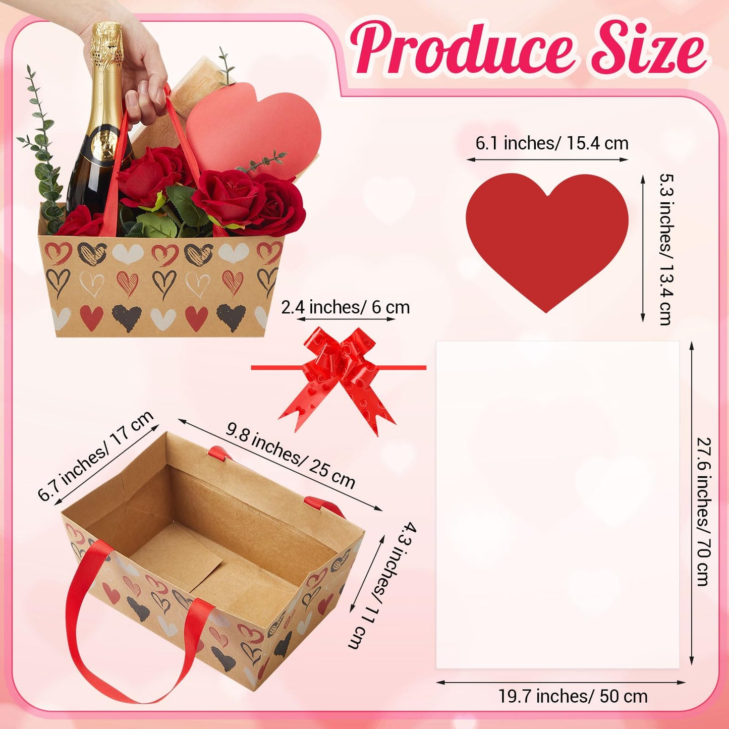 Kolldenn 24 Set Valentine's Day Empty Gift Basket to Fill Kraft Red Heart Bouquet Box with Handles Pull Bows Cellophane Bags and Card for Valentine Party Favor Supplies, 9.8 x 6.5 Inch