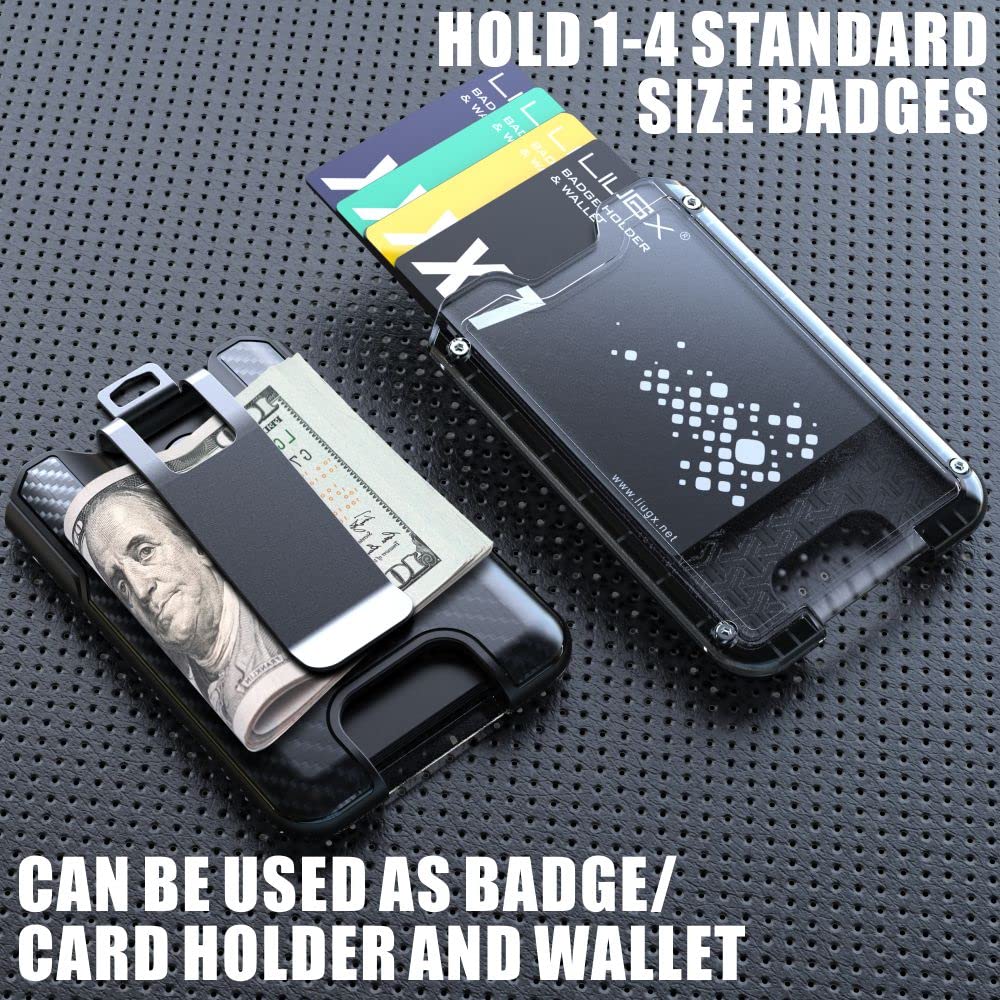 LIUGX Badge Holder, ID Card Holder with Metal Clip - Durable Polycarbonate (Holds 1 to 4 Cards), Portable Wallet for Office, Laborer, Police, Work, Black