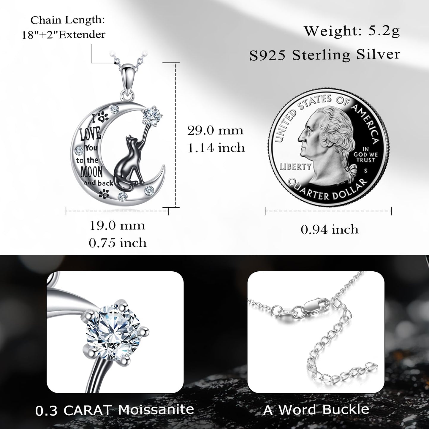 SOACAE Moissanite Cat Necklace 925 Sterling Silver I Love You To The Moon And Back Pendant 0.3ct Lab Created Moissanite Jewelry Black Cat Gifts for Women