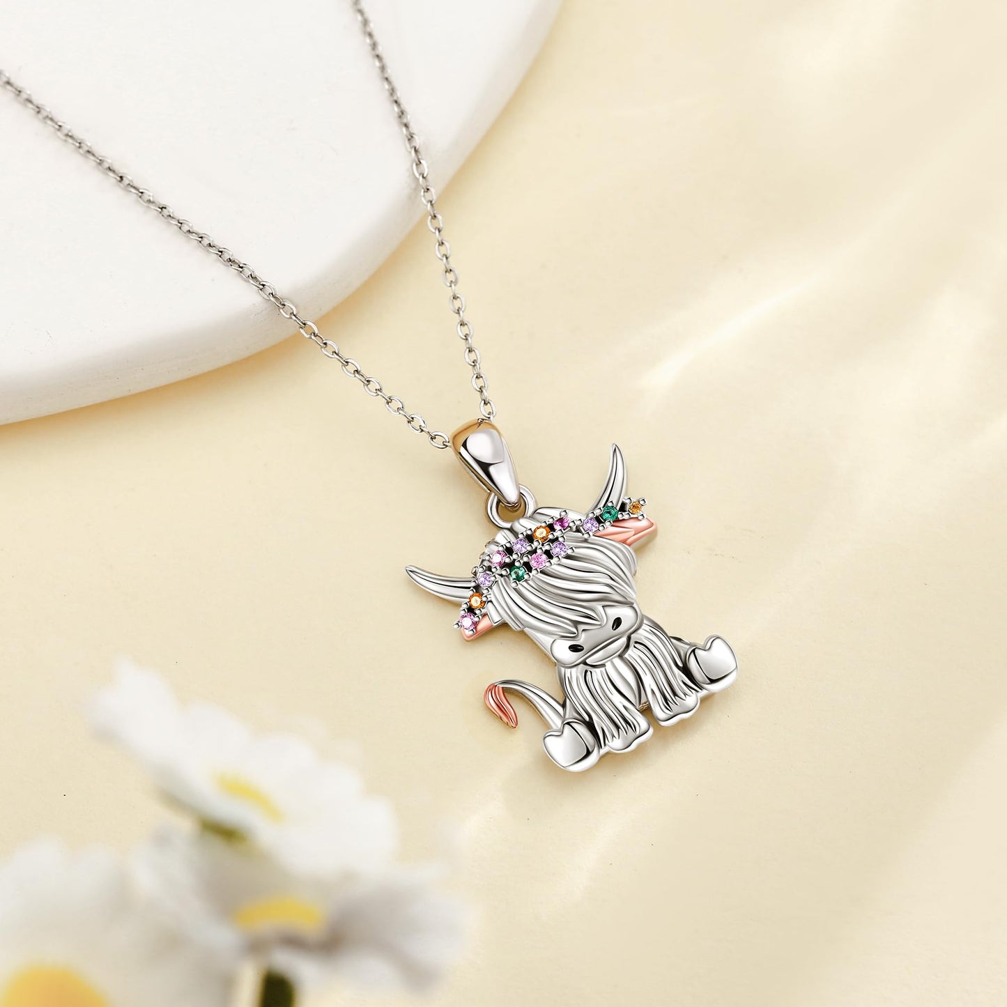 YAFEINI Highland Cow Necklace 925 Sterling Silver Highland Cow Necklace Animal Jewelry Gift for Women Mom
