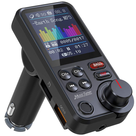 Nulaxy Bluetooth FM Transmitter for Car, 1.8" Color Screen Strong Mic Bluetooth Car Adapter with QC3.0 Fast Charger, Treble & Bass Sound Music Player, Hands-Free Calls, Supports Aux/TF Card/USB Drive