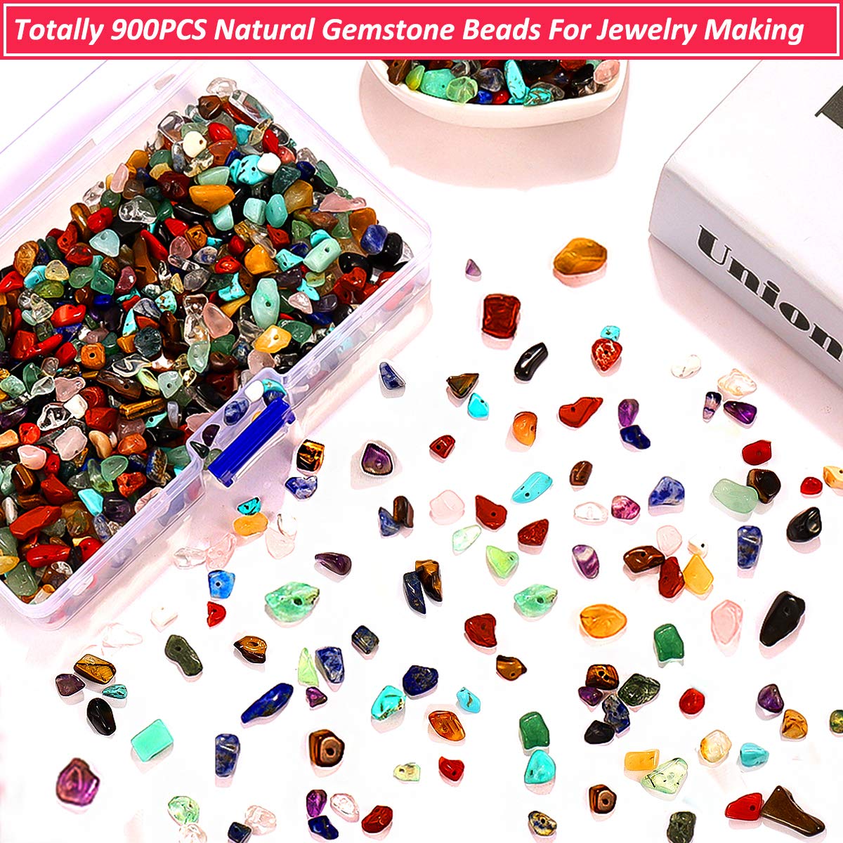 Beads for Jewelry Making, 900PCS Natural Crystal Gemstone Chip Loose Beads Irregular Rock Bulk Beads with Plastic Box for Bracelet Jewelry Making DIY Supplies (15 Colors - 900PCS)