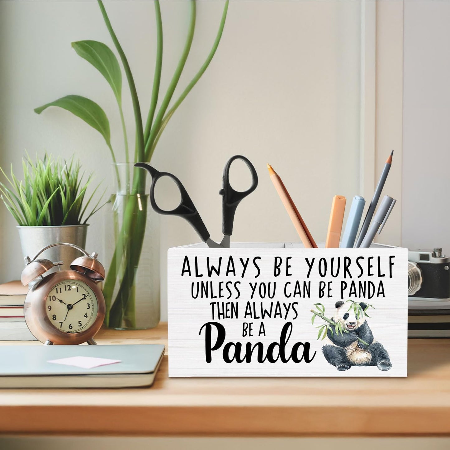 HYKDFMNCJ Panda Pen Holder for Desk, Inspirational Panda Wooden Box Sign Desk Decor for Home Office Decoration, Always Be Yourself Motivational Pencil Organizer, Pandas Lover Gifts