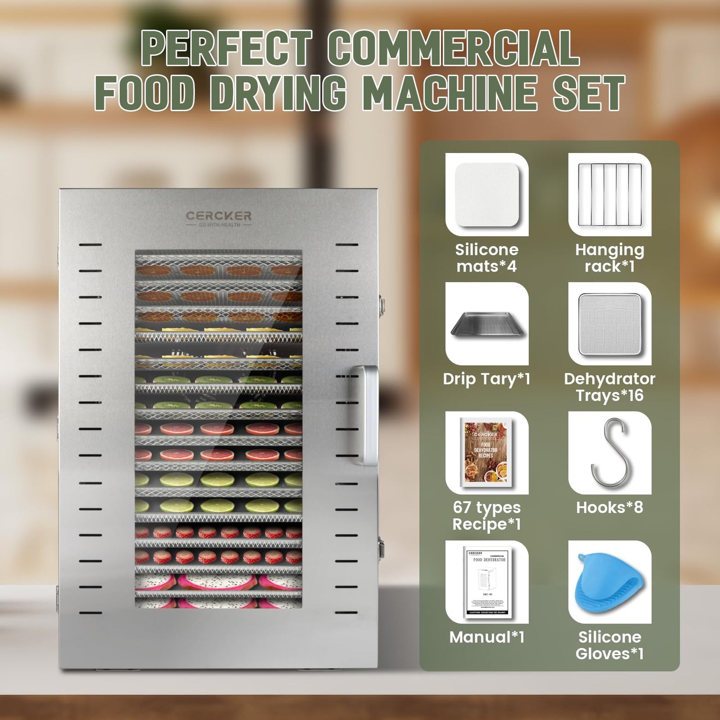 Commercial Food-Dehydrator Machine 16 Trays, 27.28ft² Large Meat-Dehydrator for Food Dryer 70ºF-190ºF,Stainless Steel Fruit Dryer for Jerky, Beef, Herbs