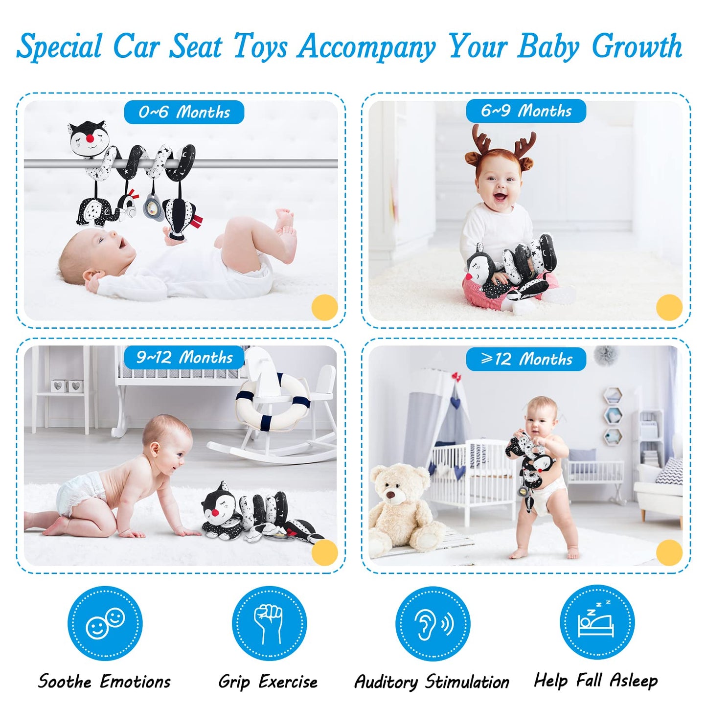 FATI Car Seat Toys for Babies 0-6 Months, Black and White High Contrast Baby Spiral Carseat Toy for Infant 0-3, 3-6 Newborn, Stroller Toys for 0 3 6 9 12 Months Baby Ideal Gift