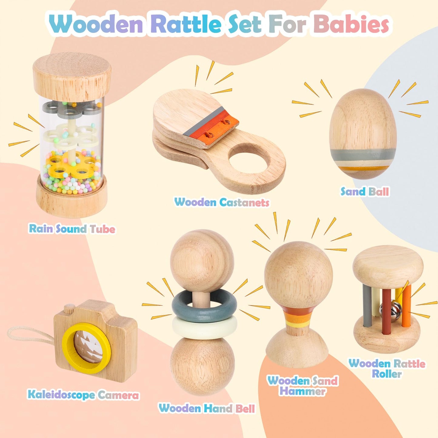 Montessori Wooden Baby Toys 7-in-1 Sensory Set for Babies 0–12 Months, Rain Sound Tube & Rattle Roller, Sensory Musical Gift for Baby Boys and Girls with Storage Bag