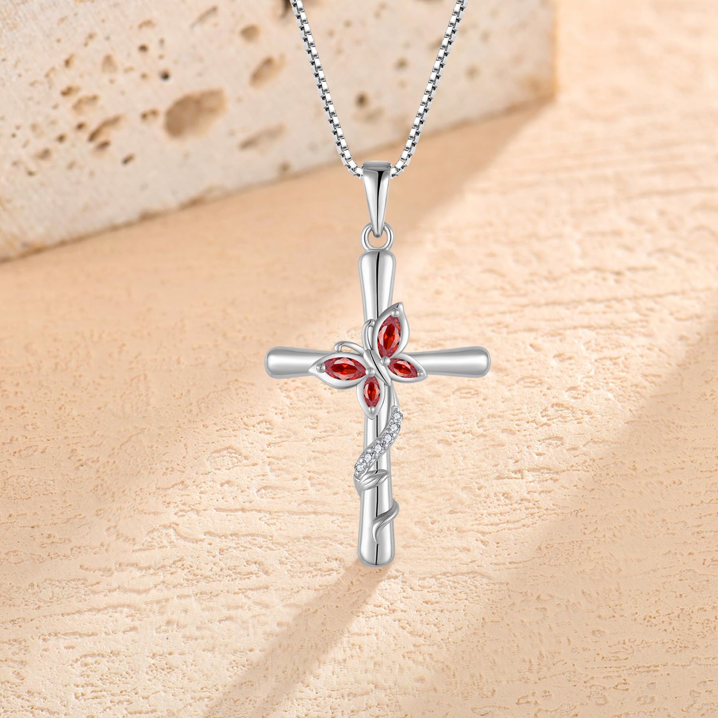 Blaniy Cross Necklace for Women 925 Sterling Silver Butterfly Necklace Garnet Pendant Necklaces January Birthstone Jewelry Gifts for Women