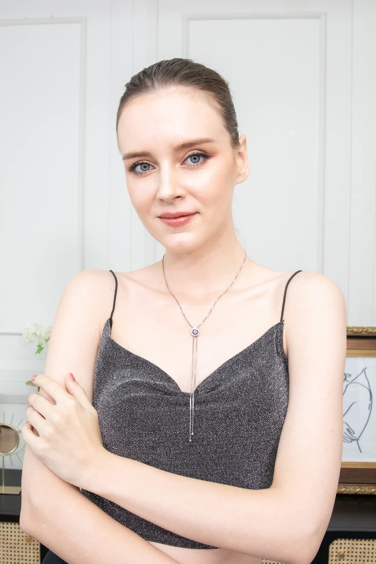 GemStar USA Sterling Silver Amethyst and White Topaz Round Halo Drop Adjustable Lariat Necklace