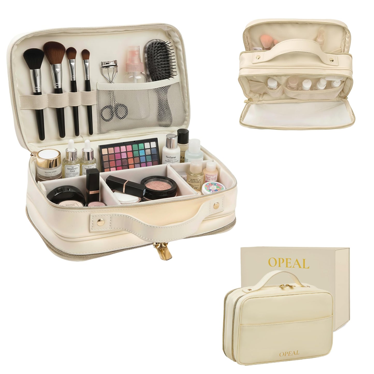 OPEAL 2-in-1 Travel Makeup and TSA Toiletry Organizer for Women – Flexible Compartments, Clear TSA Window, Wipe Clean Vegan Leather, Gift Box Included – Carry-On Approved, Cream