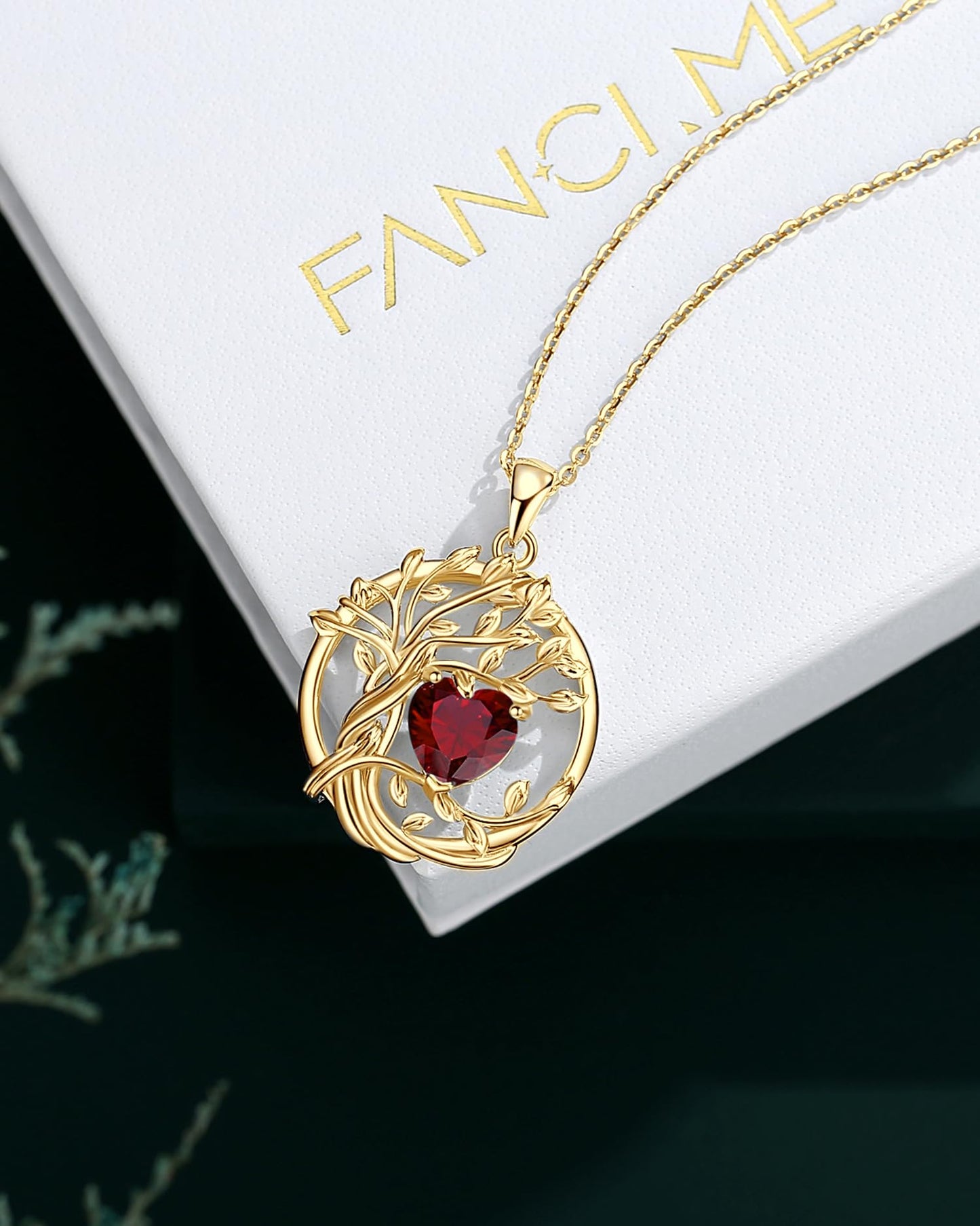 FANCIME Tree of life Garnet necklace, January Birthstone Necklace Sterling Silver Yellow Gold Plated Jewelry Red Gemstone Pendant Birthday Mothers Day Gifts for Women Wife Her