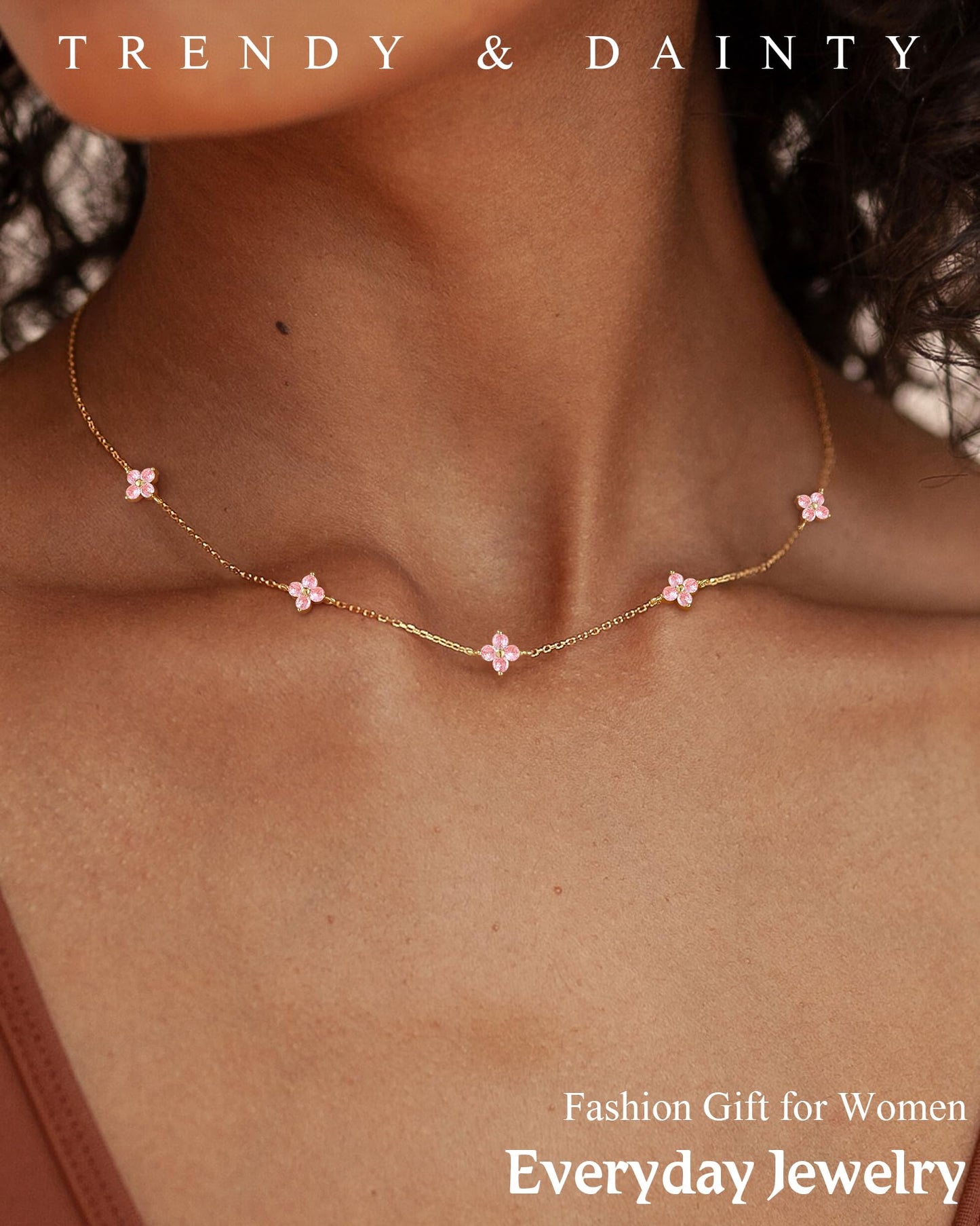 ZHESHY Birthstone Gold Necklace for Women Dainty Non Tarnish 14K Gold Plated Clover Necklaces Pink CZ Station Choker Necklace Birthday Gifts Womens Gold Jewelry