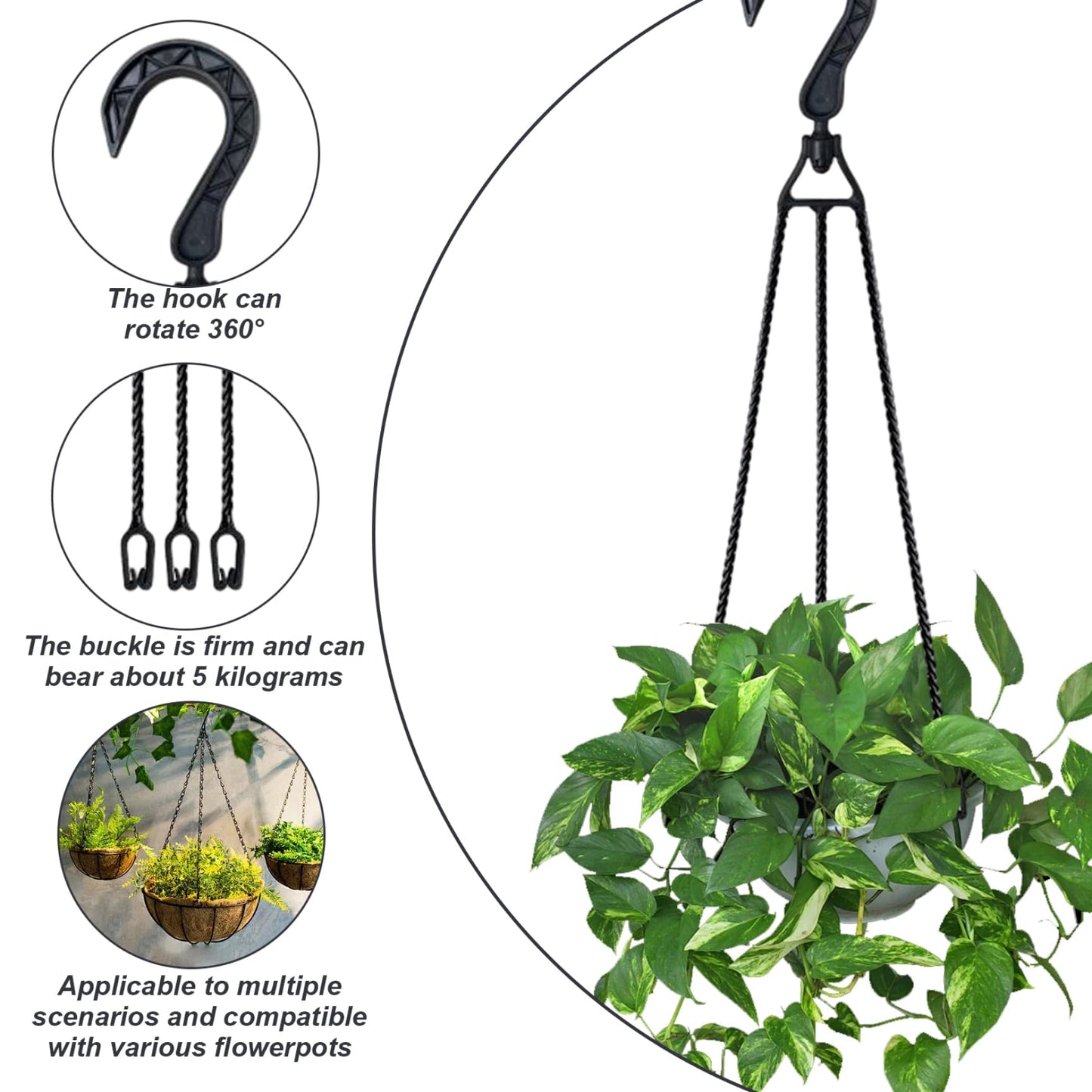 Jeorywoet Plant Pot Hanger, Hanging Basket Hooks, 5PCS 15.8 Inch Rotating Plant Pot Hanger, Plastic Hanging Basket Chain with 3 Hooks for Flower, Bird Feeders, Lanterns, Chain