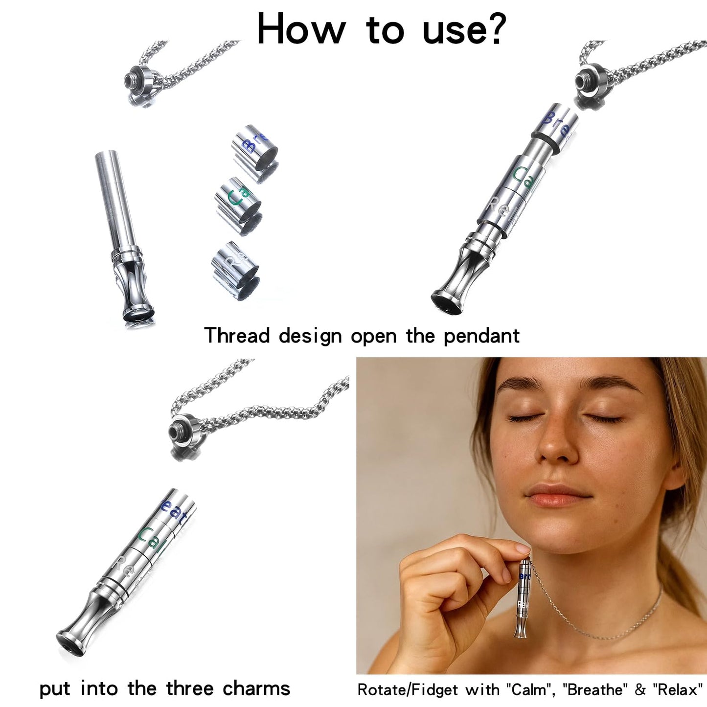 Fidget Necklace with Spinning Calm, Breathe, Relax Charms - Sensory Anxiety Relief & Deep Breathing Aid Stainless Steel Necklaces for Women Men (Steel)