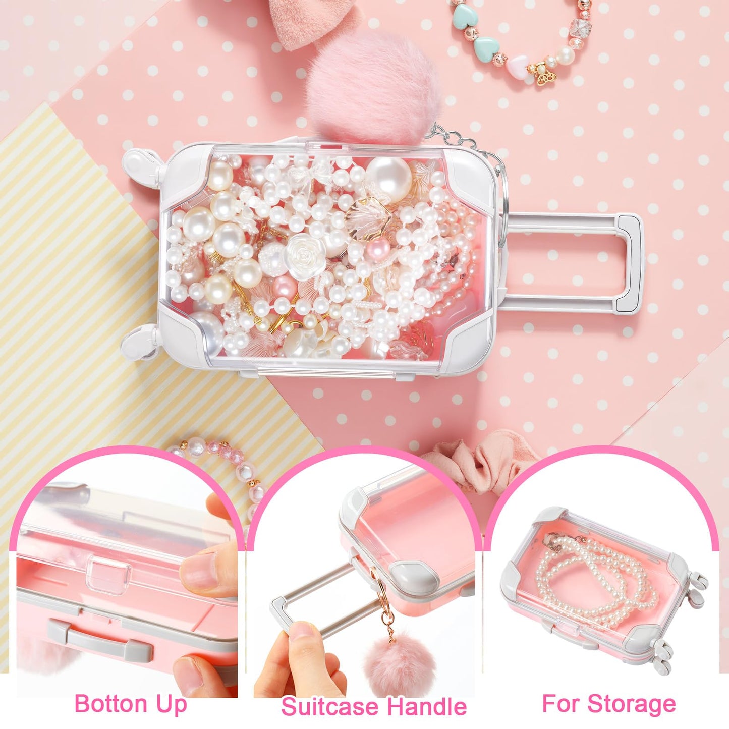 VioraWhite 6 Pcs Mini Suitcase Empty Storage Box and Plush Ball Keychain Candy Luggage Containers Packaging Case for Bridal Shower Baby Shower Party Favors Travel Gifts (Pink)