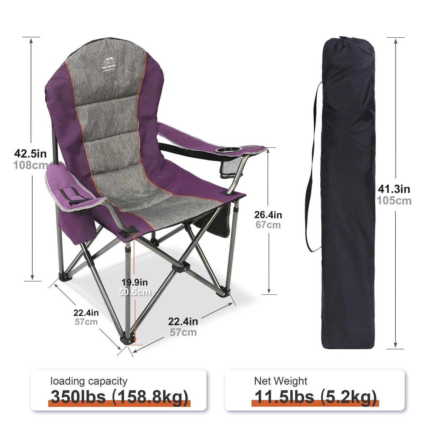 LANMOUNTAIN Camping Chairs for Adults,High Back Folding Camp Chair with Cup Holder and Cooler Bag,Heavy Duty Outdoor Lawn Chairs,Perfect for Camping,Hiking,Picnics,and Beach Trips,Purple