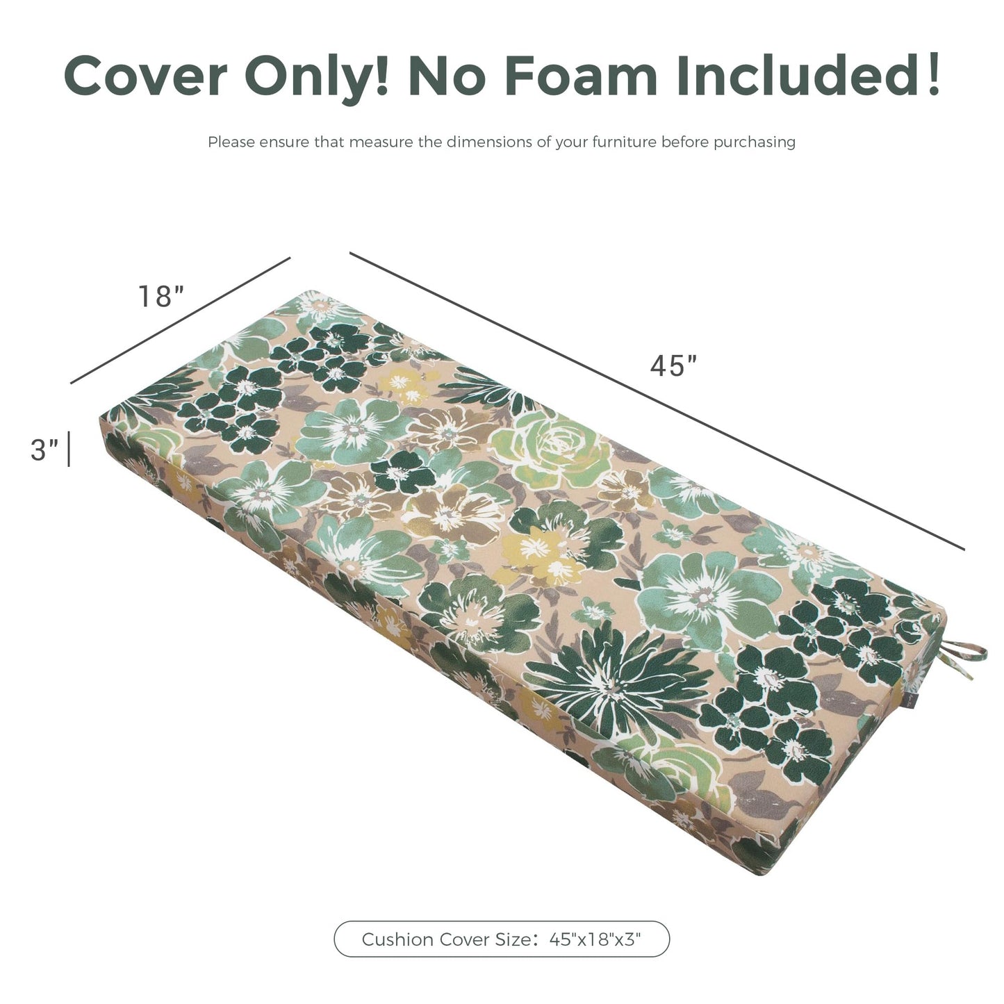 Magpie Fabrics Patio Bench Loveseat Cushion Covers (Replacement Cover only, No Insert!), Waterproof Fade Resistant Swing Cushion Slipcover with Ties(45x18x3 Inch, Green Floral)