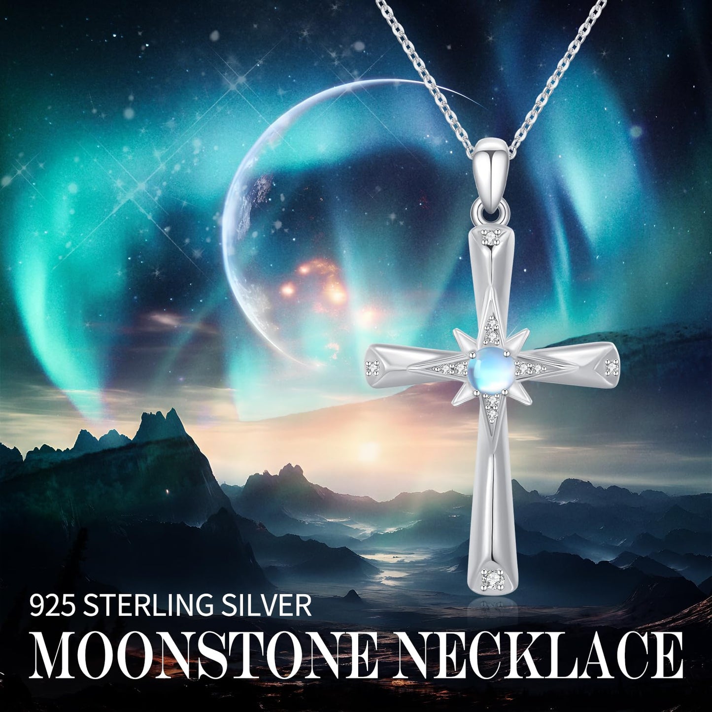 Silikepa Cross Necklace for Women 925 Sterling Silver Star Cross Pendant Necklace with Moonstone Christian Jewelry Gift for Women