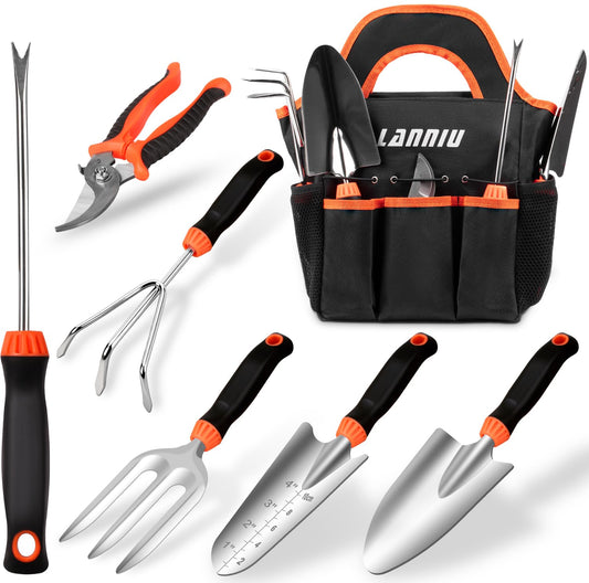 LANNIU 7-Piece Gardening Tools Set, Heavy Duty Stainless Steel Hand Tools with Blakc Tote Bag - Ergonomic Non-Slip Grip for Planting, Weeding & Digging