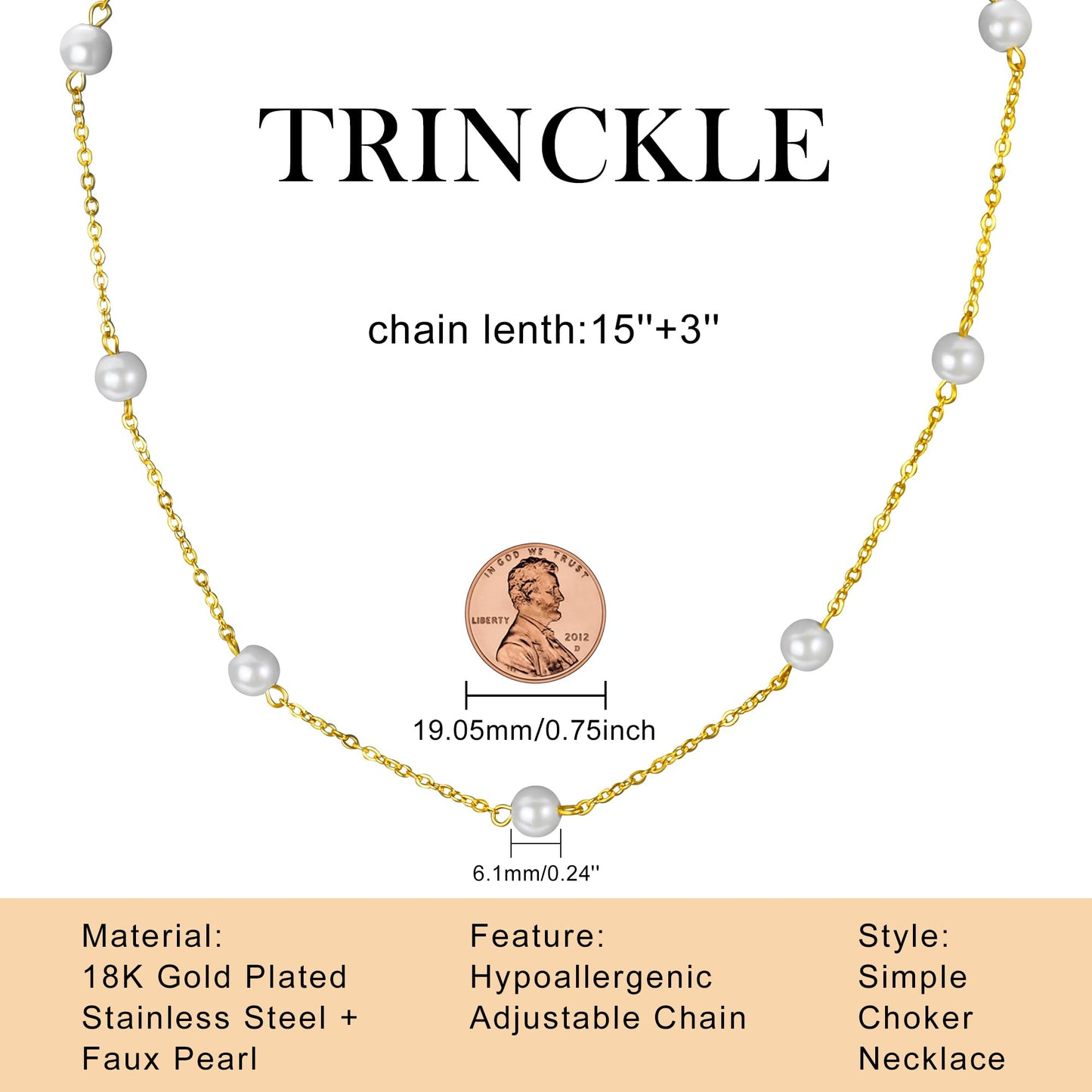 Trinckle Gold Pearl Necklace, Dainty Pearl Necklaces for Women White Pearl Choker for Mother Day Graduation, Pearl Prom Accessories Jewelry Strands for Wedding, Bride Bridesmaid Gifts Collar De Perlas