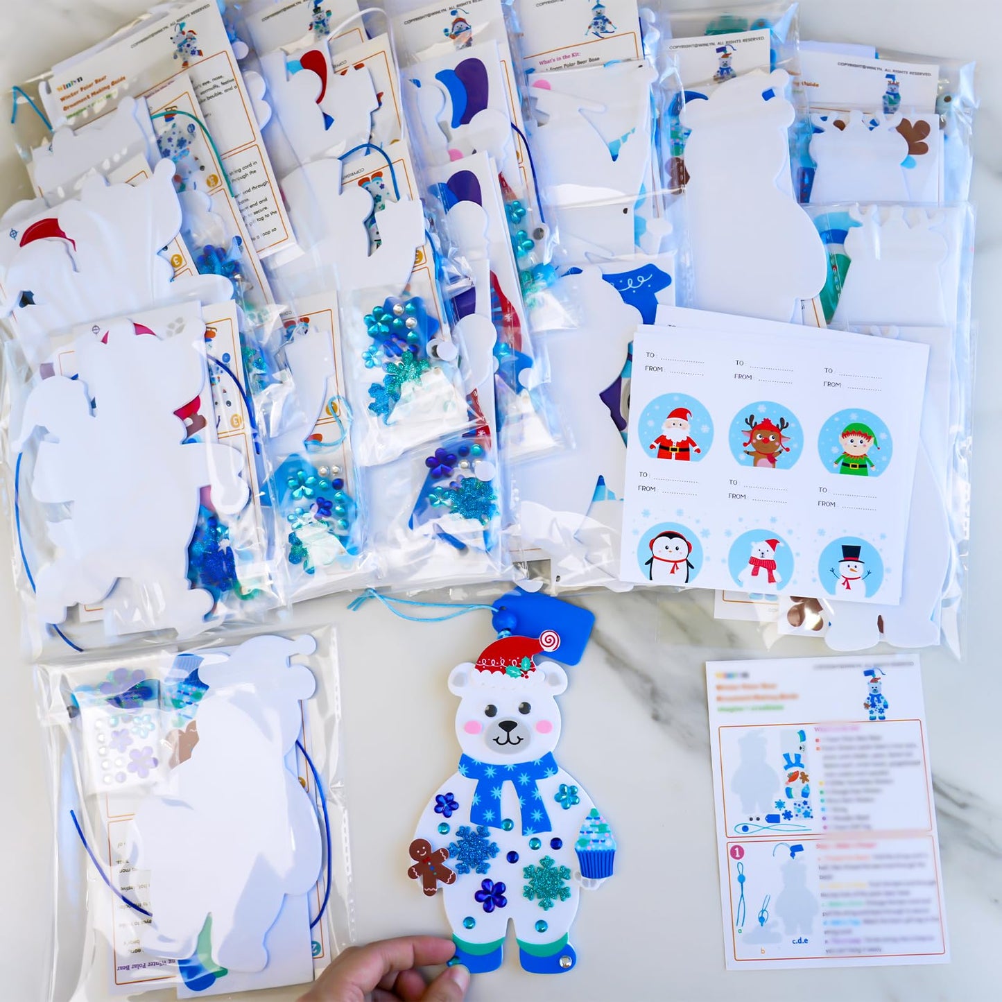 Winlyn 24 Sets Winter Decorations DIY Polar Bear Ornaments Christmas Craft Kits Foam Polar Bear with Snowflake Foam Stickers for Kids Holiday Seasonal Gift Home Classroom Activities Party Favors