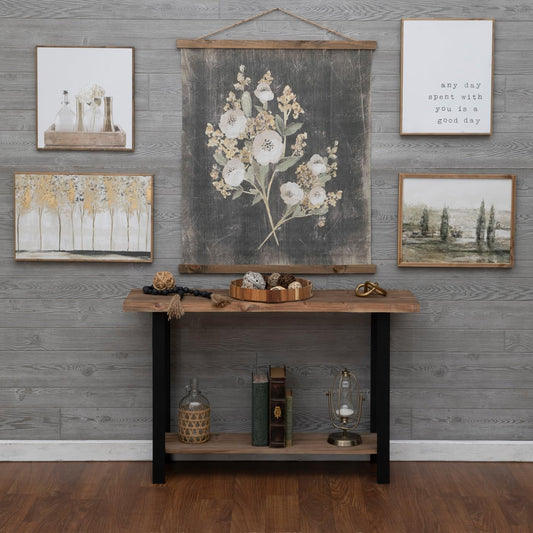 Hobby Lobby Vintage Floral Tapestry Wall Decor, Canvas & MDF, Rectangle, Vertical, Includes Hanging Rope, Distressed Black Background, Wooden Frame, Muted Tones