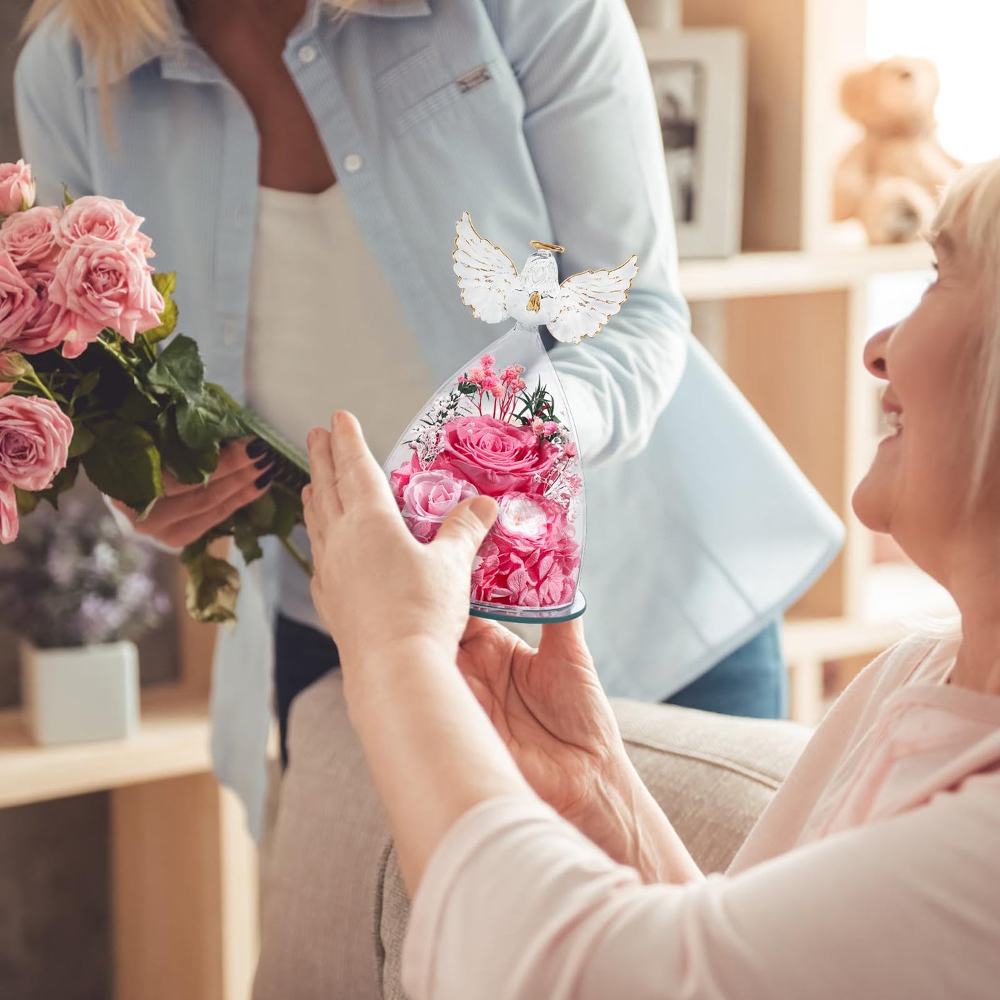 FIACO Gifts for Mom Women Birthday Preserved Rose in Glass Angel Figurine Forever Fresh Flower for Delivery, Mothers Day Flowers Gifts for Grandma Wife Daughter Pink