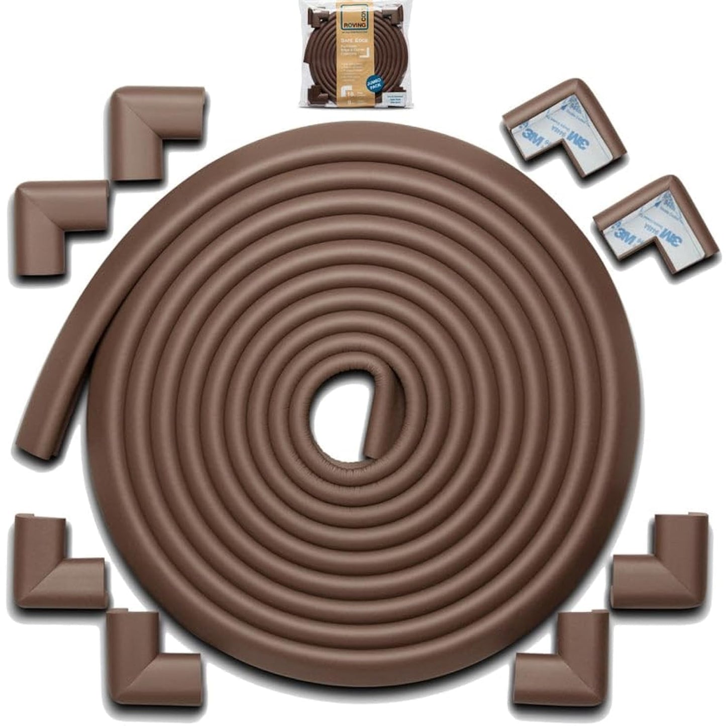 Roving Cove HeftyFit Edge Corner Protector Baby Proofing (Large 18ft Edge 8 Corners), Heavy-Duty, Soft NBR Rubber Foam, Furniture Fireplace Safety Bumper Guard, 3M Adhesive, Coffee Brown