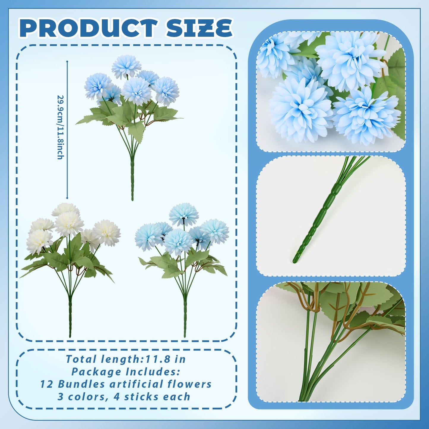 XunYee 12 Pcs Blue Artificial Flowers for Outdoor Decorations Spring Faux Chrysanthemums Mums Blue White Fake Flowers for Outside Garden Porch Window Patio Vase Table Wedding Home Decor