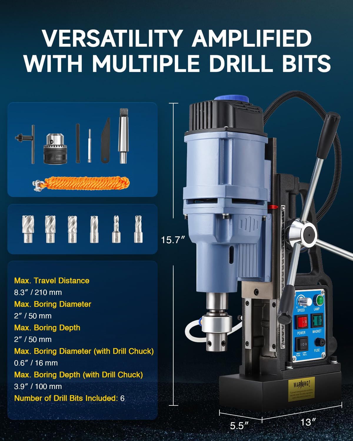 ZELCAN Magnetic Drill Press with 6 Drill Bits, 1550W Mag Drill Press with 2" Dia. 3125 lbf/13900N Mag Force, 650 rpm Power Magnetic Drill with Stepless Speed & Reversible Direction for Metal Surface
