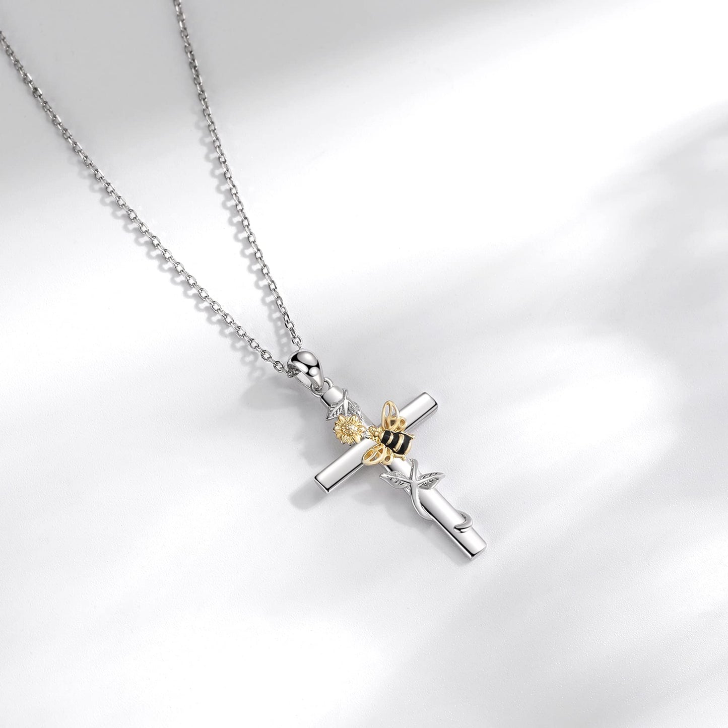 ZLILIJAN Cross Necklace 925 Sterling Silver Sunflower Bee Pendant You Are My Sunshine Honey Bee Jewelry Gifts for Women