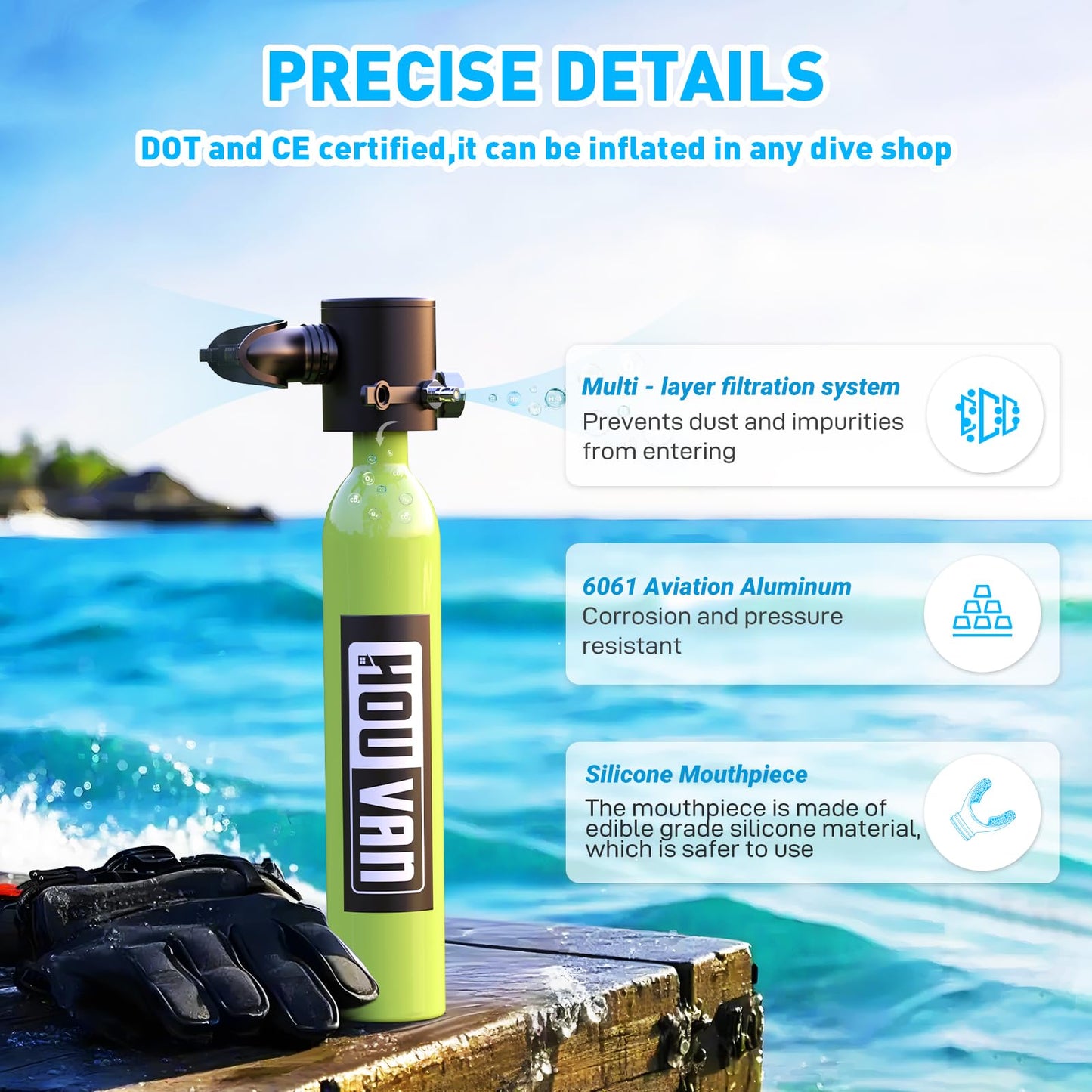 HOUVAN Mini Scuba Tank 0.5L Capacity Inflatable Diving Tank DOT Certified Portable Scuba Tank Support Underwater Breathing up to 16ft for Underwater Work/Underwater Recreation
