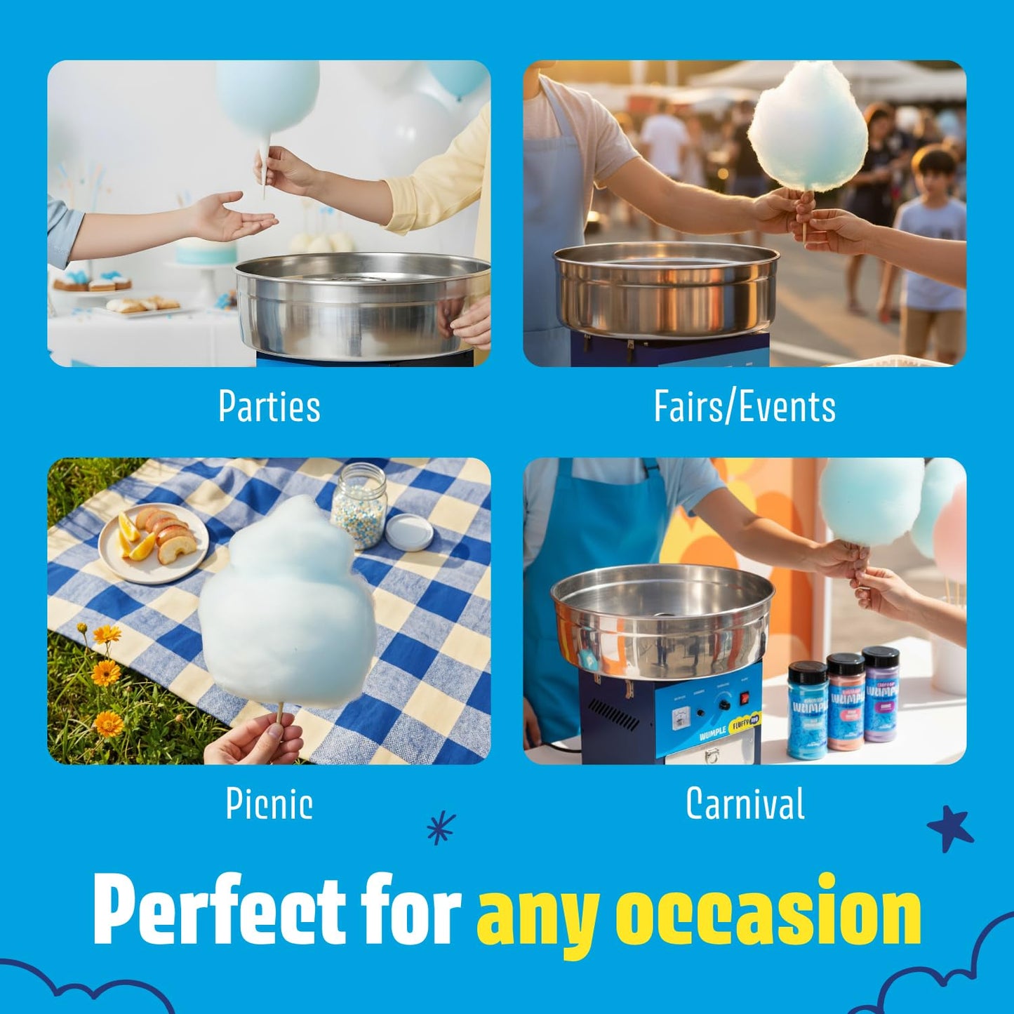 Wumple - Cotton Candy Machine Pro Bundle, Large Stainless Steel Bowl & Drawer, Includes 3 Flavored Sugars and 70 Cones for Parties and Business (Blue)