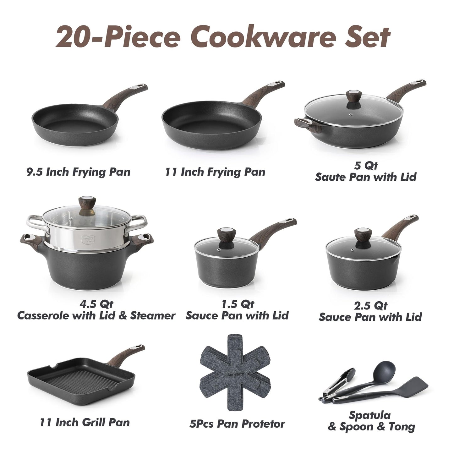 SENSARTE Pots and Pans Set Nonstick, 20 Pcs Induction Cookware Sets, Non-toxic Healthy Non Stick Kitchen Cooking Set with Stay-Cool Handles, PFOA PFOS Free, Black