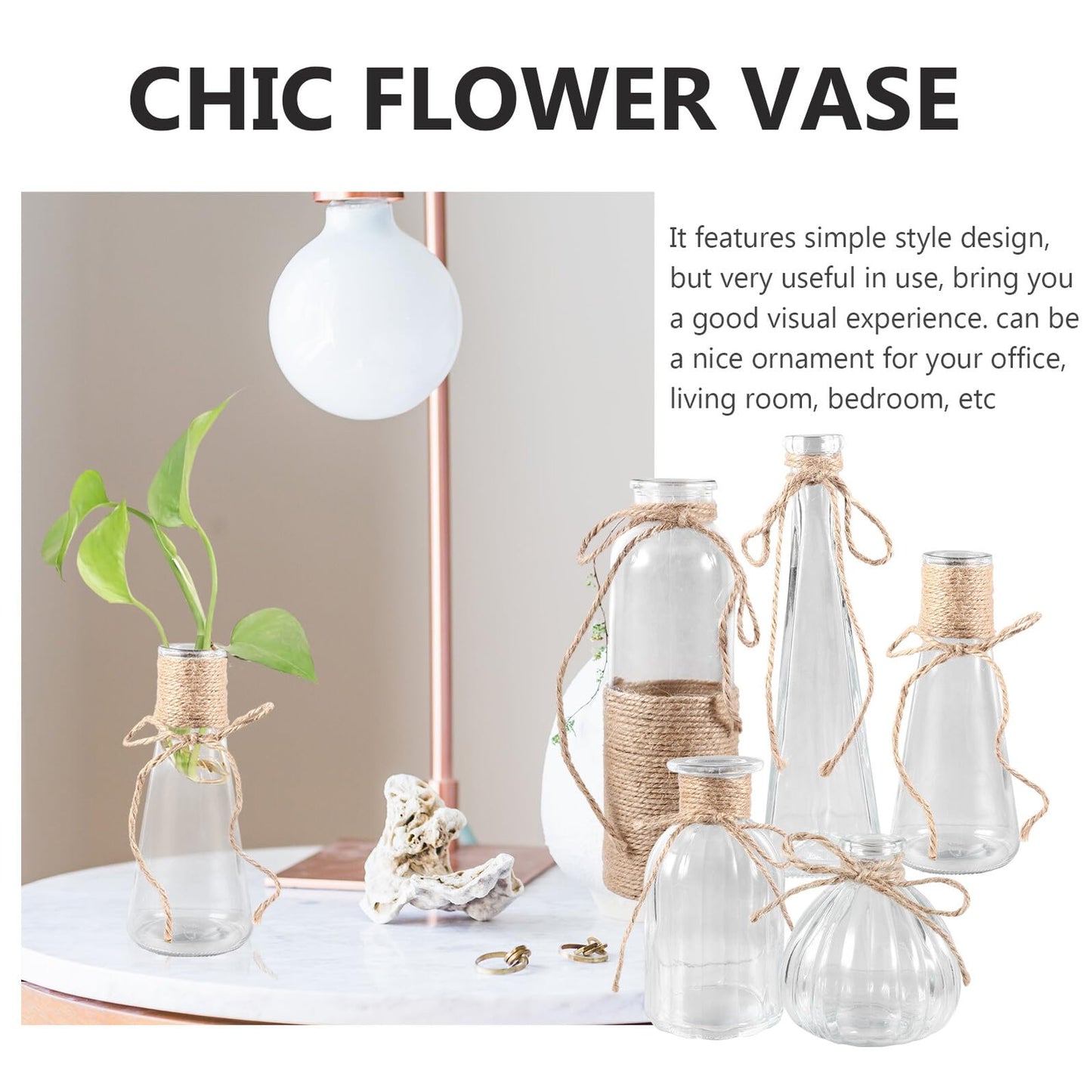 Cabilock 5pcs Glass Vases Set with Rope Design, Plant Terrarium Flower Arrangement Containers for Home Décor, Desktop Adornment, Includes Cone, Pumpkin, European Triangle Shapes