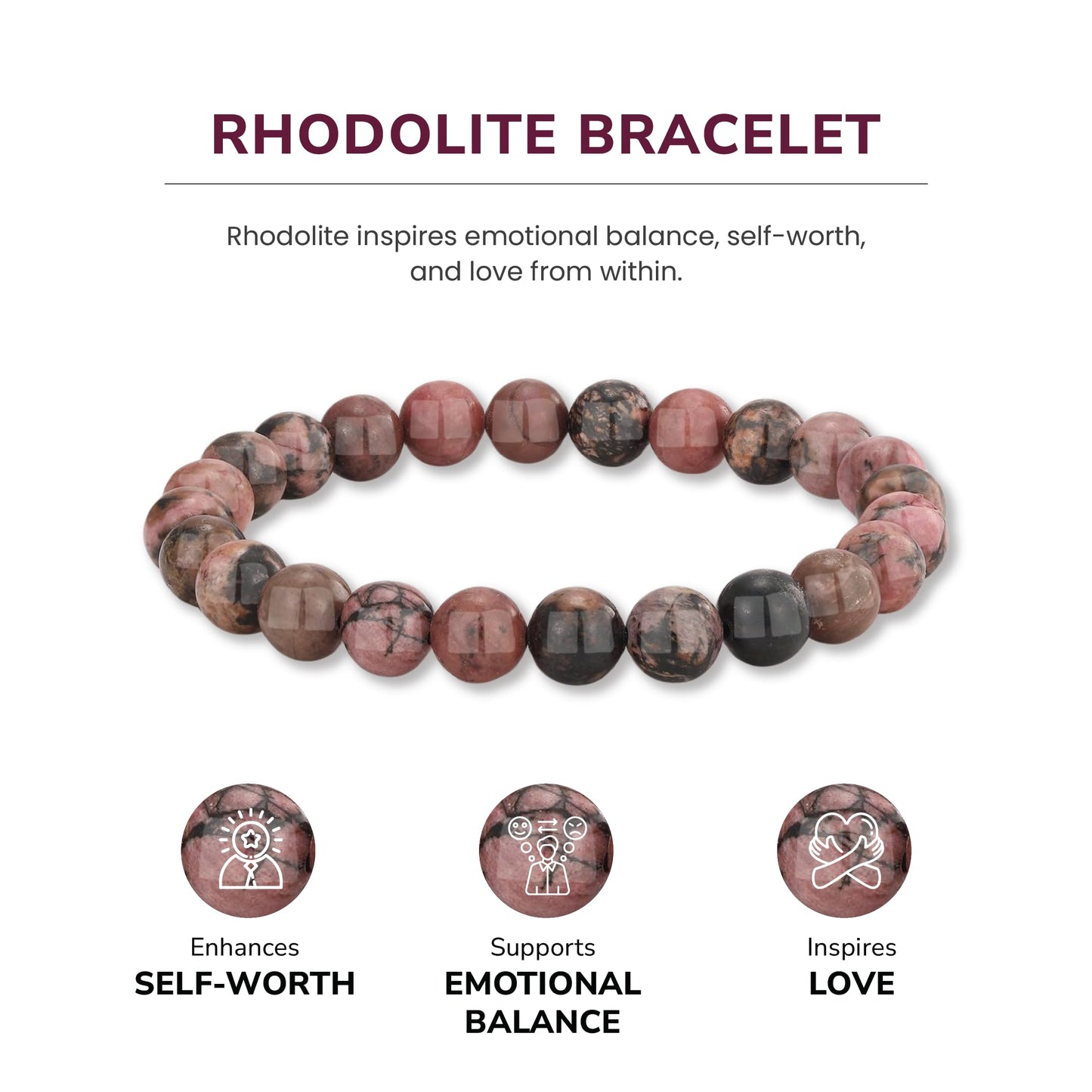 Crystal Vibe Rhodolite Crystal Bracelet for Love and Balance - 8mm Beaded Bracelet for Emotional Healing, Positivity and Protection -Chakra Bracelets Gifts for Women Men - Adjustable Size
