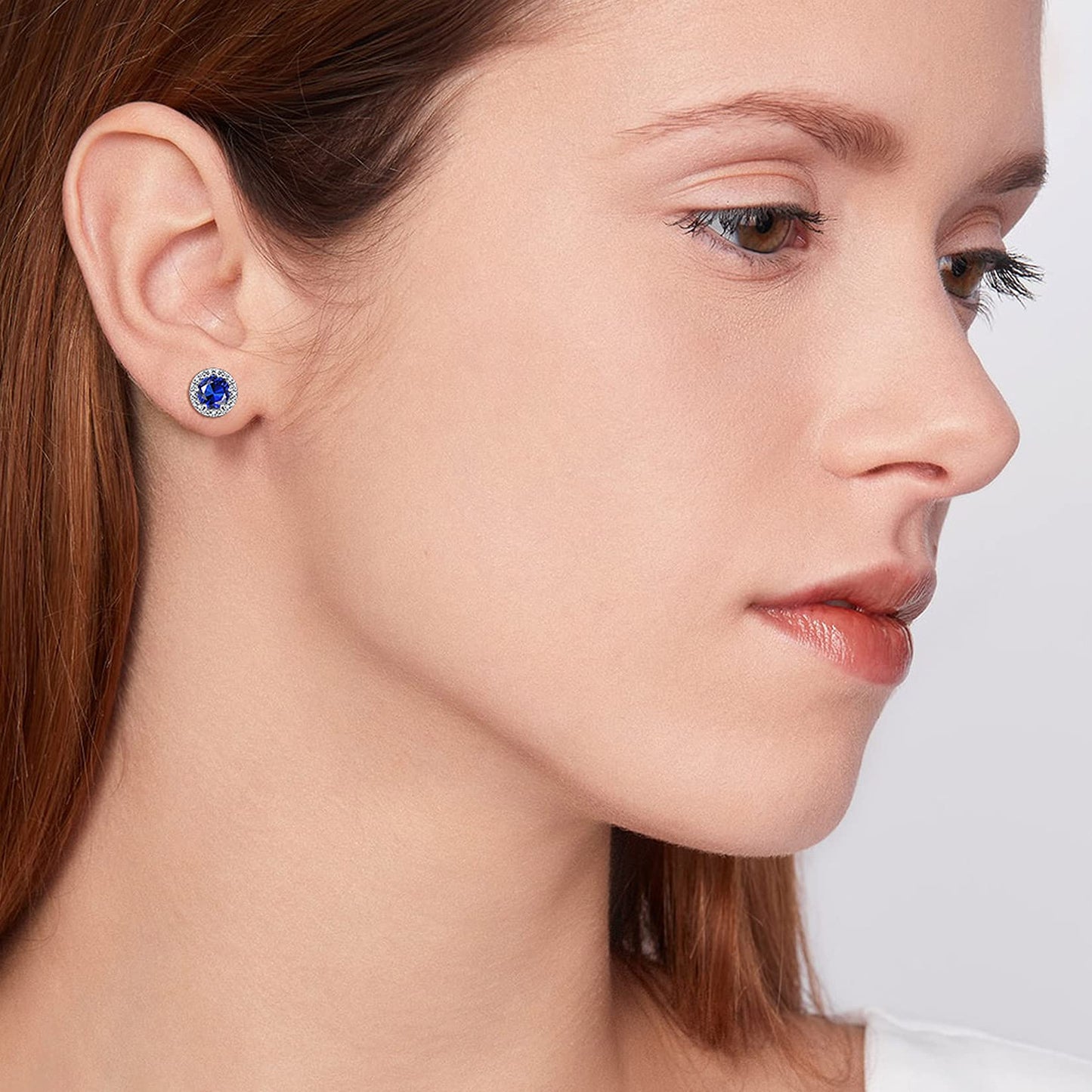 Bestyle Adorable September Sapphire Birthstone Stud Earrings 925 Sterling Silver CZ Round Gemstone Studs Earrings Great Birthday Gift for Wife/Mom/Grandma