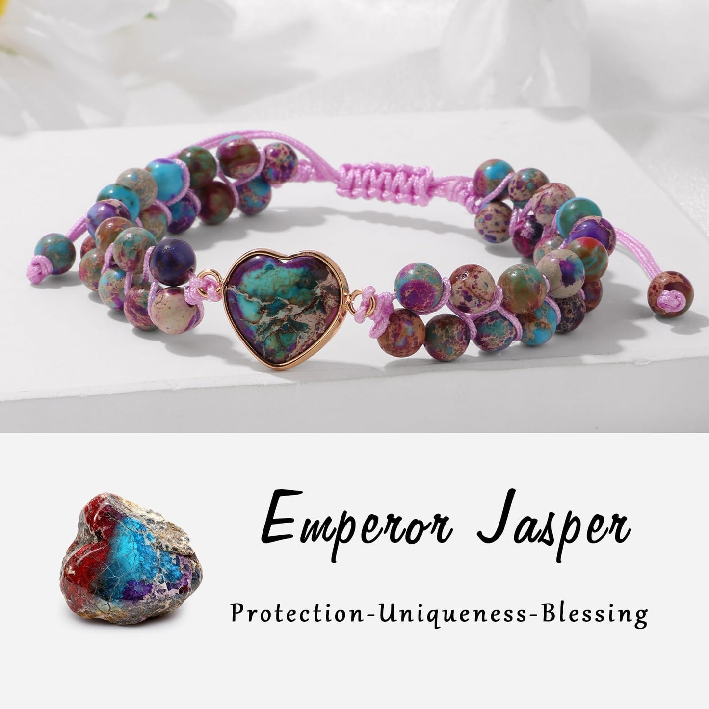 Bolinailo Natural Stone Bracelets for Women Crystal Beaded Bracelets Jasper Heart Adjustable Bracelet Imperial Stone Healing Crystal Jewelry Mothers Day Christmas Graduation Gifts for Women Men