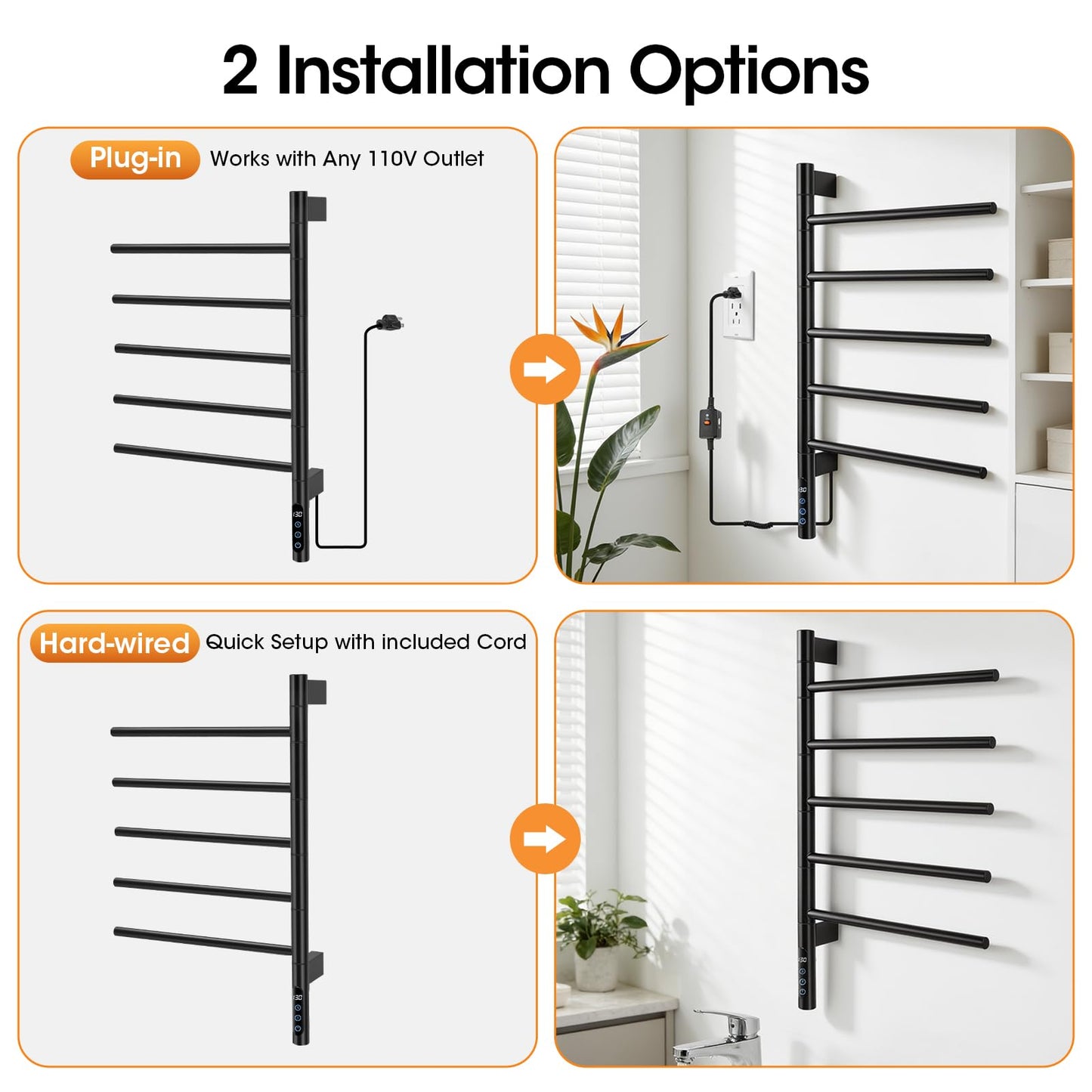 Swivel Heated Towel Rack, 180° Rotating, 5 Bars, Wall-Mounted, Electric Towel Warmer with Touch Panel, 1H-9H Timer, Temperature Regulation for Bathroom, Home, Salons and Spas