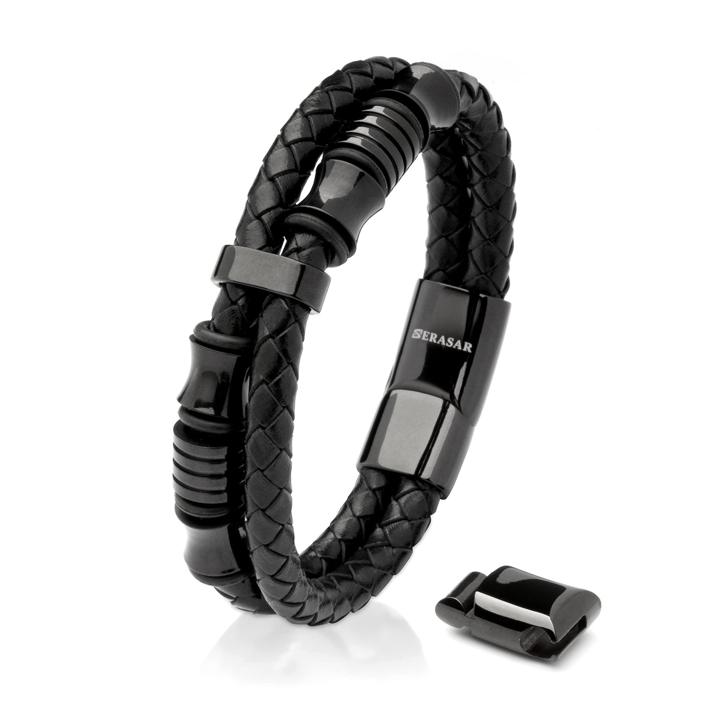 SERASAR Pulseras para Hombres 17cm Black Leather Bracelets for Men Brown Cowhide Gift Box Braided Bracelet Stainless Steel Jewelry Wrist Band Cuff Wrap Rope Bangle Dad Man Cuero Regalo