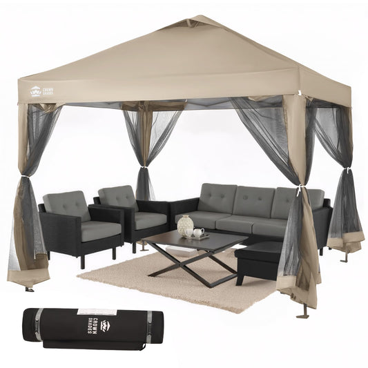 CROWN SHADES 10x10 Pop Up Gazebo, Canopy with Mosquito Netting,Instant Screen Tent with 4 Ropes, 8 Stakes, 4 Sandbags and Wheeled Storage Bag,for Patio & Backyard Parties,Camping&Events- Beige