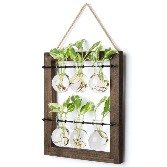 Mkono Propagation Station Wall Hanging Glass Planter, Flower Bulb Vase Plant Terrarium with Retro Wooden Stand Double Layer for Hydroponics Plants Home Garden Office Decor