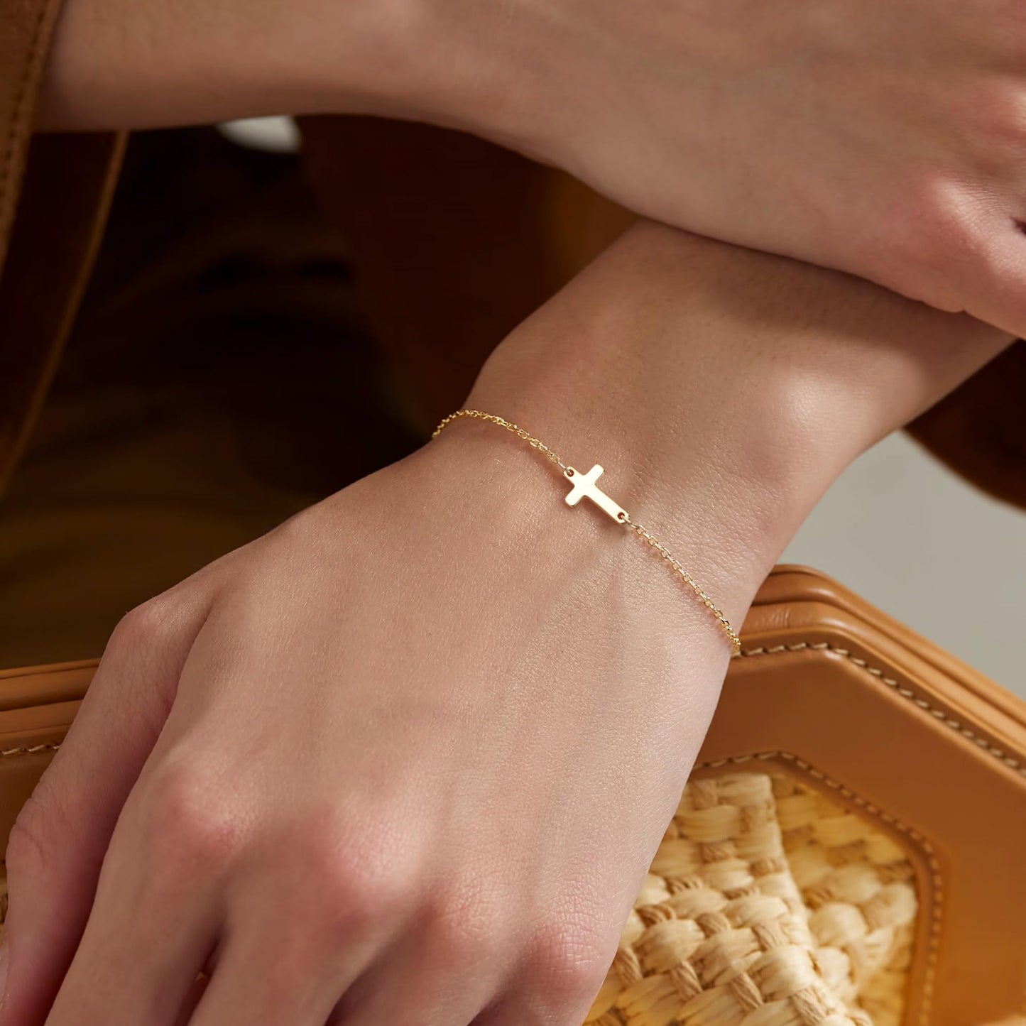 Tewiky Cross Bracelet for Women Dainty 14k Gold Plated Cubic Zirconia Cute Tiny Bracelet Confirmation Gifts for Women