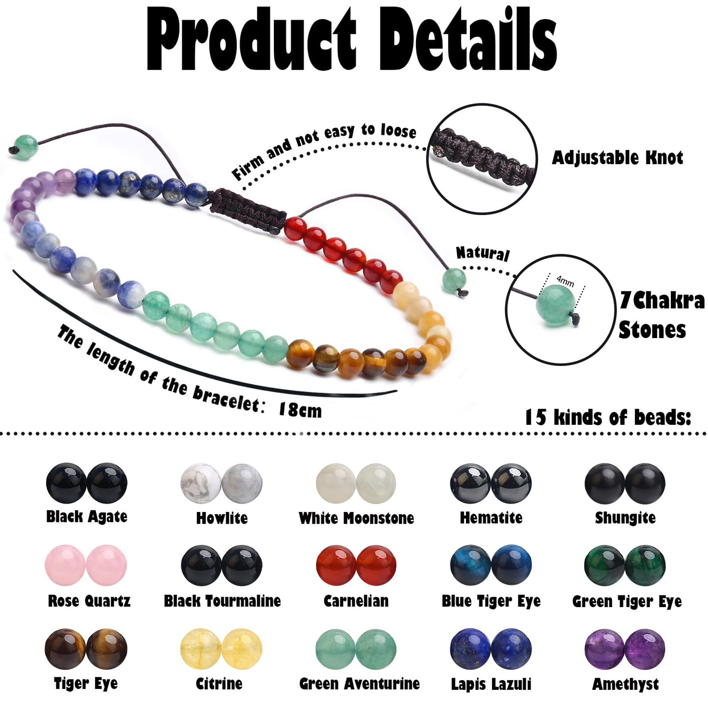 BONNY BOXX Braided Genuine 4mm Chakra - Stone of Balance Energy - Bracelet, Elegant Handcrafted Natural Gemstone Crystal Bracelet Healing Power Energy Inspirational Gifts with Card for Unisex