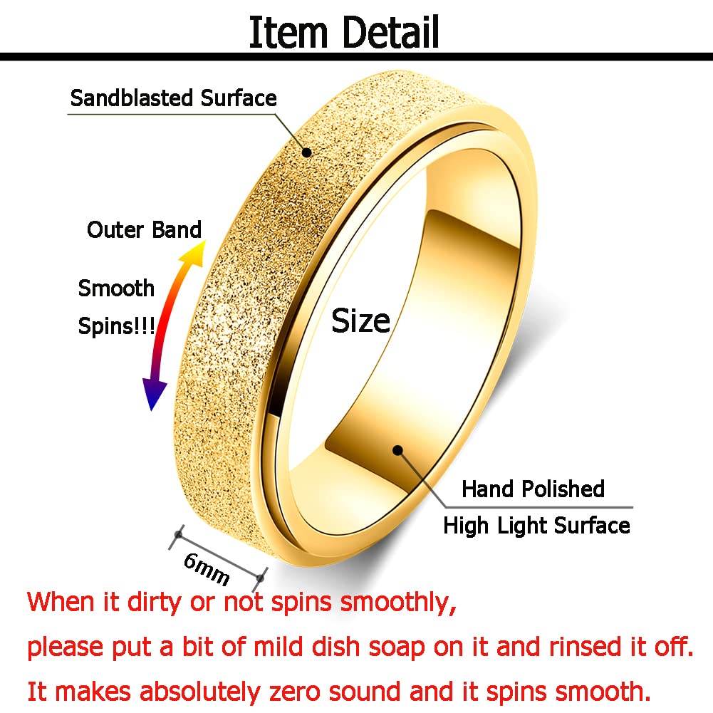 OreilleStar Anxiety Ring for Women Men Fidget Toys Adults Titanium Stainless Steel Fidger Spinner Ring 6mm Wide Cool Mood Thumb Rings Band Rings Gold Size 10