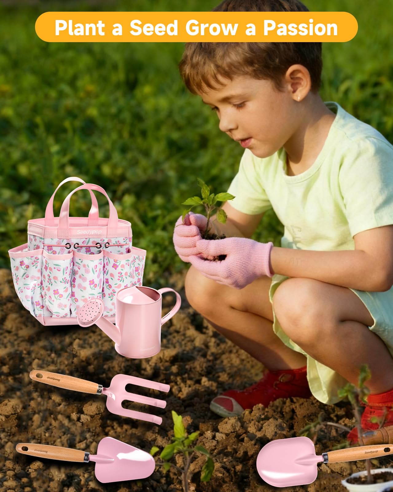 Seedypop Kids Gardening Tool Set Toys - 8 Pieces Quality Garden Kit for Toddlers & Kids with Shovels, Rake, Watering Can, Hat, Apron, Gloves & Storage Bag (Pink Flower)