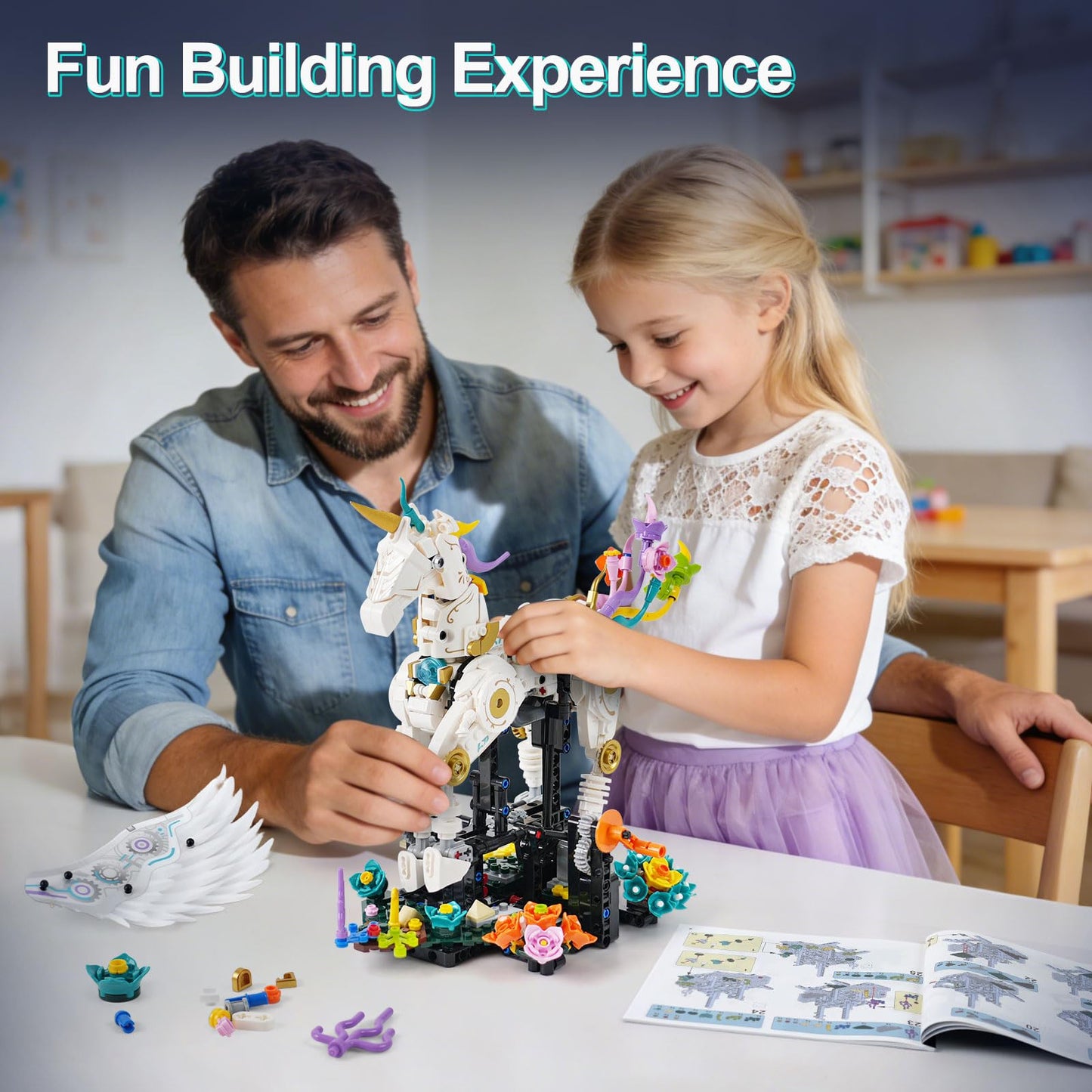 Gaitel Unicorn Building Blocks Set - STEM Toys for Girls & Boys Ages 8-14+, Crank-Powered Movement, Movable Wings & Legs, Flower Base, Birthday Gift for Kids & Adults, Home/Office Decor(817+Pieces)