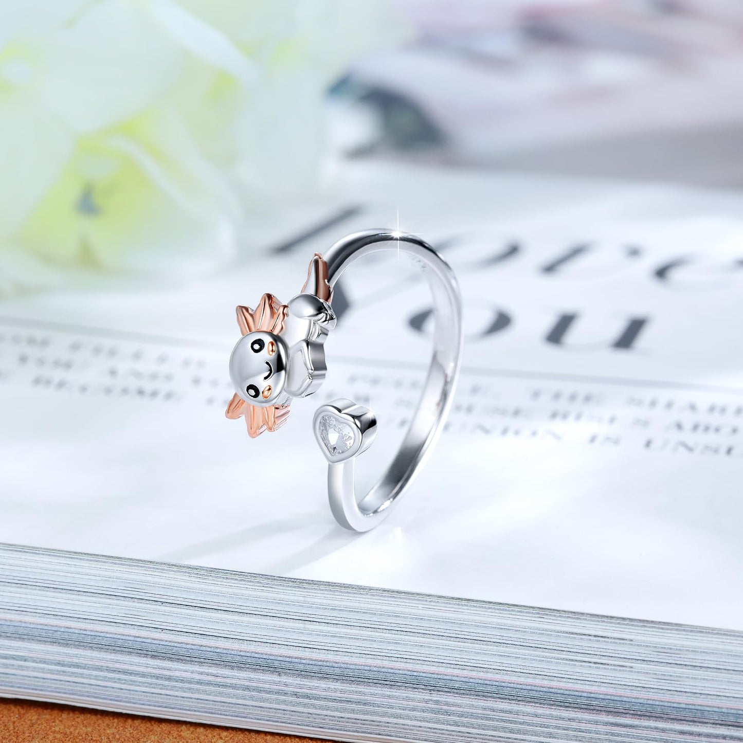 Zepmais 925 Sterling Silver Animal Ring - Adjustable Open Owl Axolotl Rings with Heart Cubic Zirconia Opal Cute Animals Jewelry Gifts for Women (Axolotl Ring)